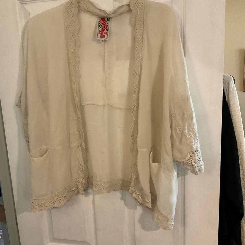 Johnny Was Cream Lace Trim Cardigan
